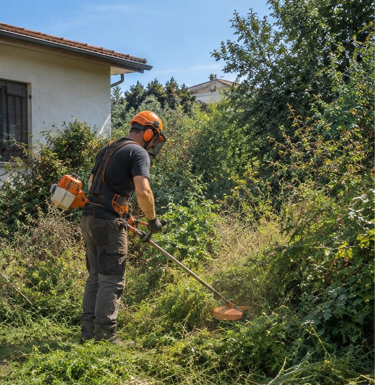 Débroussaillage d’un terrain envahi par la végétation avec une débroussailleuse
