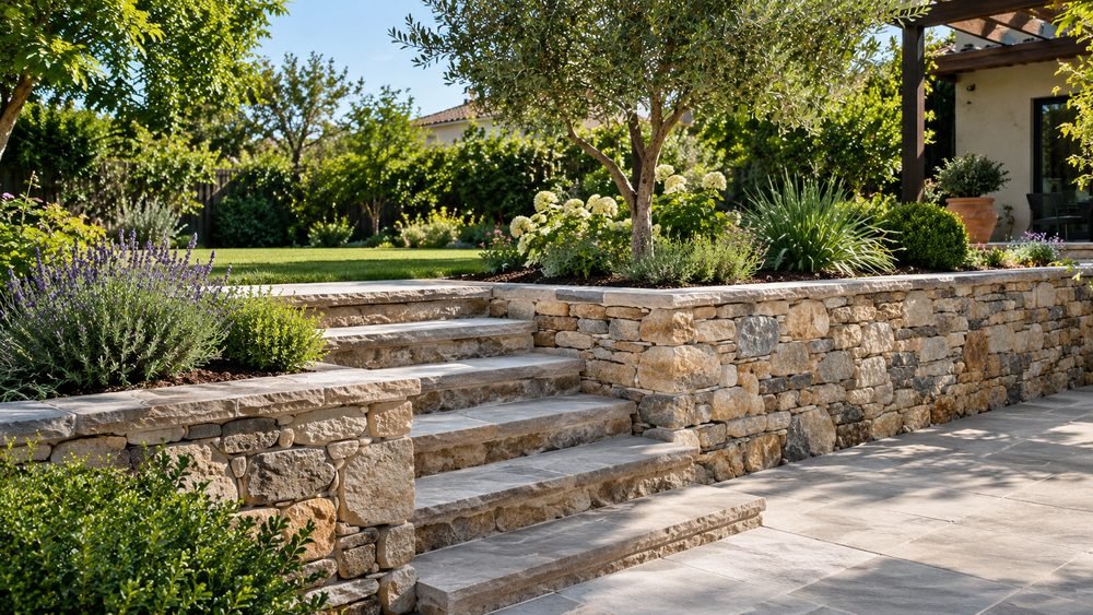 Muret et escalier en pierre dans un jardin